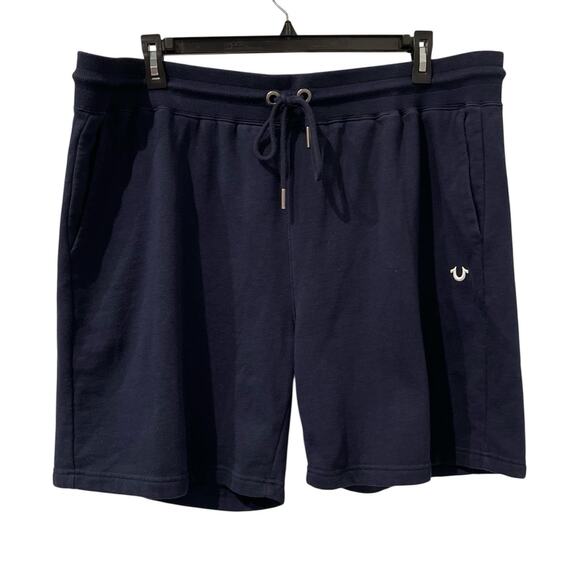 True Religion Sweat Shorts Mens Sz 3X Navy Elastic Waist Pockets Logo - Picture 1 of 11